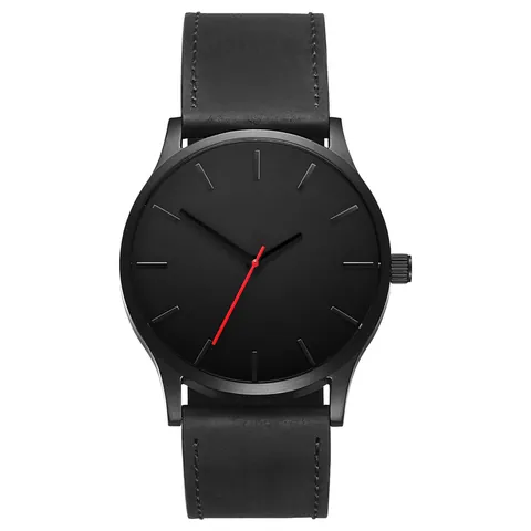 Minimalist Men Quartz Watch Alloy Case Frosted Faux Leather Strap Red Second Hand Large Dial Business Casual Wristwatch