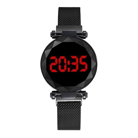 Women Men Casual LED Digital Watch With Magnetic Milanese Loop Alloy Band Faceted Glass Mirror Fashion Minimalist Wristwatch