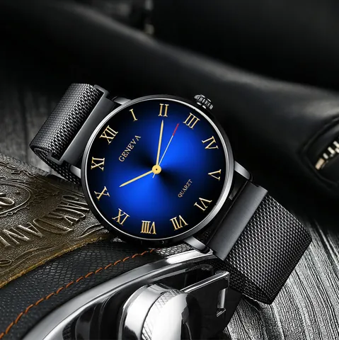Men Business Quartz Watch Milanese Mesh Alloy Strap Magnetic Clasp Roman Numerals Gradient Sunray Dial Analog Wristwatch