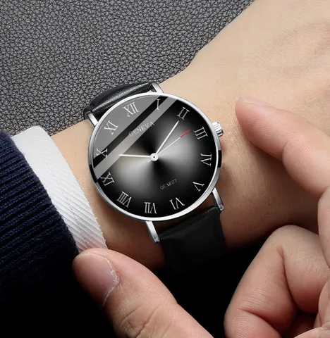 Men's Fashion Business Quartz Watch With Faux Leather Strap Roman Numerals Gradient Dial Round Analog Wristwatch Casual Timepiece