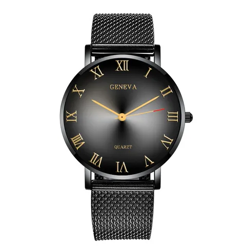 Men Business Casual Quartz Watch Roman Numerals Sunburst Dial Alloy Case Plastic Mesh Band Fashion Analog Wristwatch Timepiece