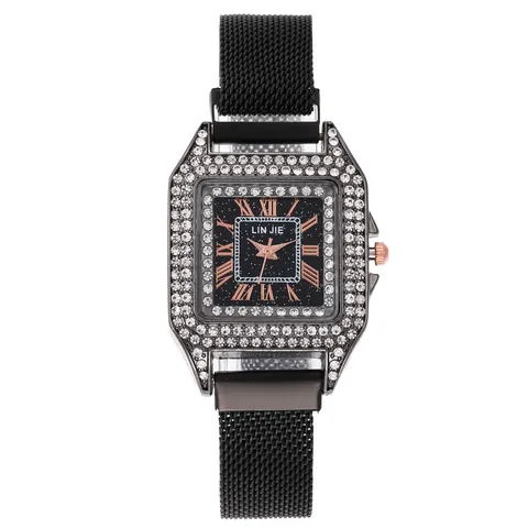 Women's Fashion Square Quartz Watch Rhinestone Inlay Starry Sky Dial Milanese Mesh Strap Elegant Ladies Wristwatch