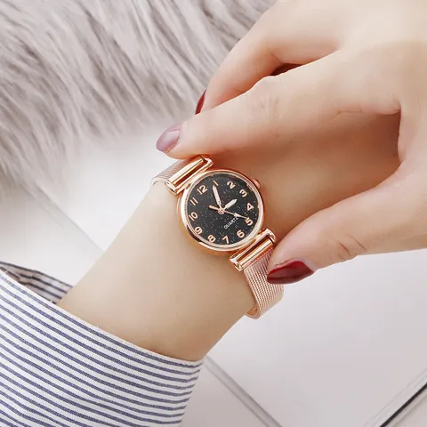 Women's Fashion Starry Sky Quartz Watch Rose Gold Milanese Mesh Strap Rhinestone Luxury Analog Wristwatch Jewelry Gift