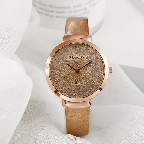 Fashion Women's Quartz Watch With Glitter Dial Rhinestones Rose Gold Alloy Case Thin Leather Strap Analog Wristwatch