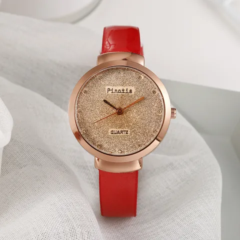 Fashion Women's Quartz Watch With Glitter Dial Rhinestones Rose Gold Alloy Case Thin Leather Strap Analog Wristwatch
