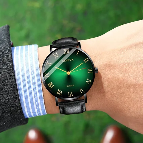 Men's Fashion Business Quartz Watch With Faux Leather Strap Roman Numerals Gradient Dial Round Analog Wristwatch Casual Timepiece