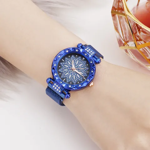 Women Fashion Quartz Watch With Petal Rhinestone Dial Milanese Stainless Steel Mesh Band Magnetic Buckle Elegant Jewelry Wristwatch