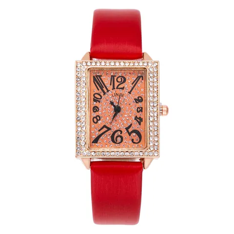 Women Rectangular Quartz Watch Rhinestone Alloy Case Faux Leather Strap Artistic Numerals Starry Dial Fashion Wristwatch