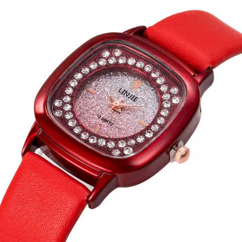 Orologio al Quarzo da Donna Quadrato alla Moda con Strass Incastonati Quadrante Glitterato Cinturino in Ecopelle Elegante