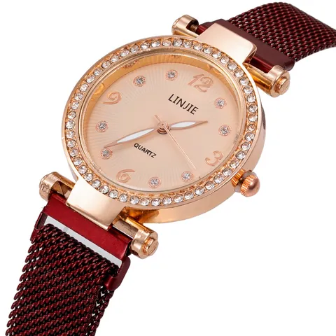 Fashion Women Rhinestone Quartz Watch With Magnetic Mesh Band Alloy Case Luxury Elegant Ladies Wristwatch Jewelry Gift