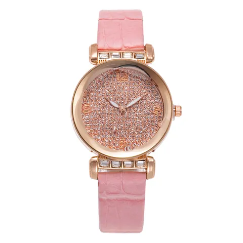 Fashion Women's Quartz Watch Rhinestone Starry Sky Dial Rose Gold Alloy Case And Crocodile Pattern Leather Strap Gift
