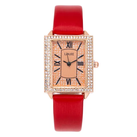 Women's Fashion Rectangle Quartz Watch Rhinestone Inlaid Alloy Case Roman Numerals Faux Leather Strap Casual Wristwatch Jewelry Gift
