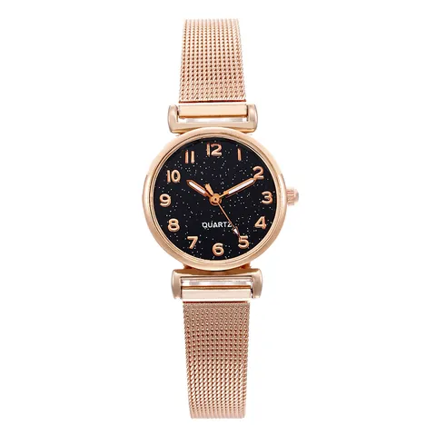 Women's Fashion Starry Sky Dial Watch Rose Gold Stainless Steel Mesh Strap Quartz Wristwatch Elegant Rhinestone Jewelry Watch For Ladies