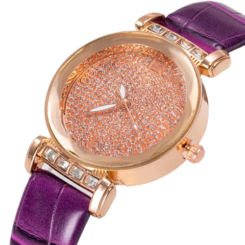 Fashion Women's Quartz Watch Rhinestone Starry Sky Dial Rose Gold Alloy Case And Crocodile Pattern Leather Strap Gift