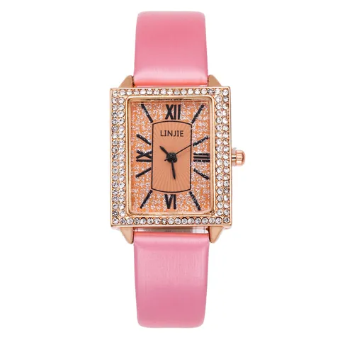 Women's Fashion Rectangle Quartz Watch Rhinestone Inlaid Alloy Case Roman Numerals Faux Leather Strap Casual Wristwatch Jewelry Gift