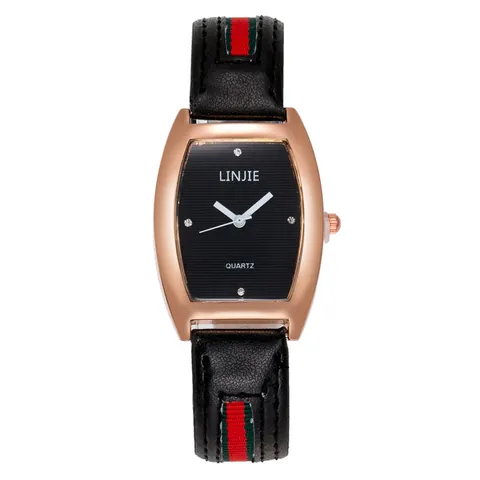 Fashion Tonneau Quartz Watch For Women With Striped Webbing Faux Leather Strap Rhinestone Marker Casual Elegant Ladies Wristwatch
