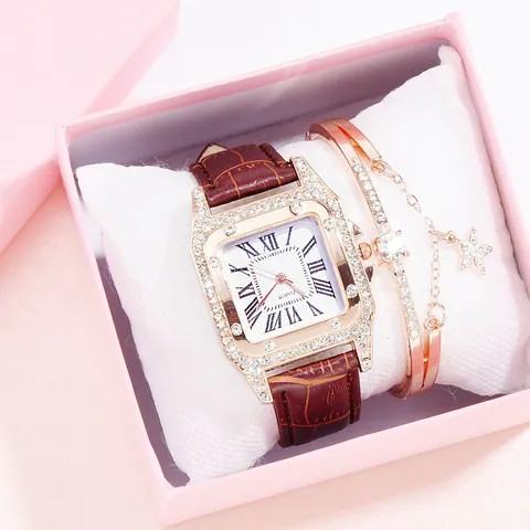 Women Fashion Square Quartz Watch Set With Rhinestone Bezel Roman Numerals Leather Strap Matching Star Charm Bracelet Gift Box