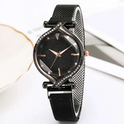 Women's Fashion Starry Sky Dial Watch Magnetic Mesh Strap Quartz Analog Wristwatch Rhinestone Accents Elegant Glitter Jewelry Timepiece