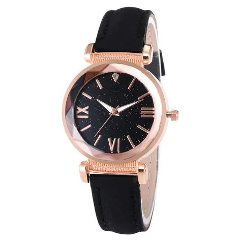 Women's Fashion Starry Sky Dial Quartz Watch Roman Numerals Rose Gold Alloy Case Faux Leather Strap Casual Ladies Wristwatch Gift