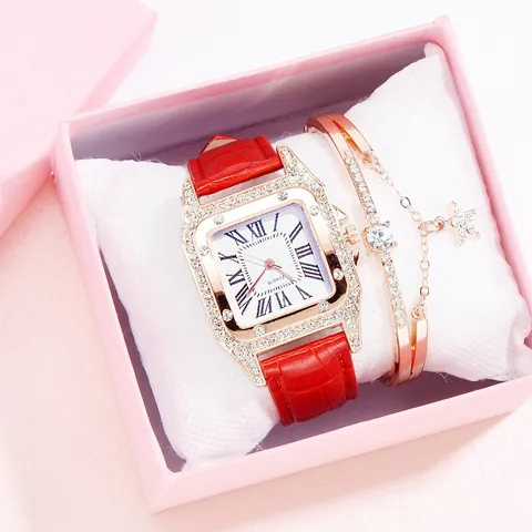Women Fashion Square Quartz Watch Set With Rhinestone Bezel Roman Numerals Leather Strap Matching Star Charm Bracelet Gift Box