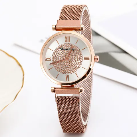 Luxury Women Quartz Watch Starry Sky Rhinestone Dial Alloy Mesh Strap Magnetic Clasp Fashion Elegant Roman Numeral Watch