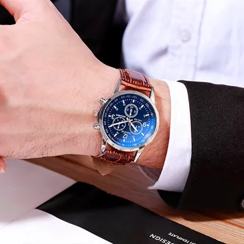 Men's Business Leisure Quartz Watch With Faux Leather Strap Round Alloy Case Three-Eye Decorative Dial Analog Wristwatch