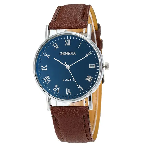 Geneva Men Quartz Watch Roman Numerals Deep Blue White Dial Faux Leather Strap Alloy Case Business Casual Analog Wristwatch