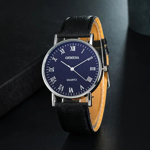 Geneva Men Quartz Watch Roman Numerals Deep Blue White Dial Faux Leather Strap Alloy Case Business Casual Analog Wristwatch