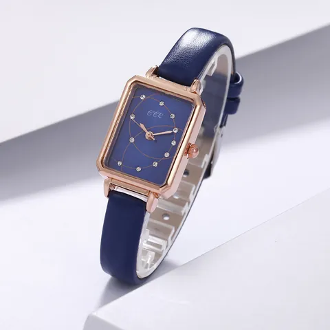 Elegant Rectangular Women Quartz Watch Alloy Case Faux Leather Strap Rhinestone Markers Rose Gold Fashion Analog Wristwatch