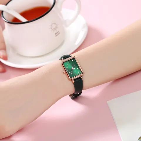 Elegant Rectangular Women Quartz Watch Alloy Case Faux Leather Strap Rhinestone Markers Rose Gold Fashion Analog Wristwatch