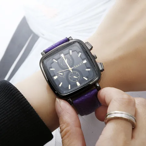 Amadi Fashion Square Large Dial Quartz Watch With Litchi Pattern Leather Strap Business Casual Wristwatch For Men Women