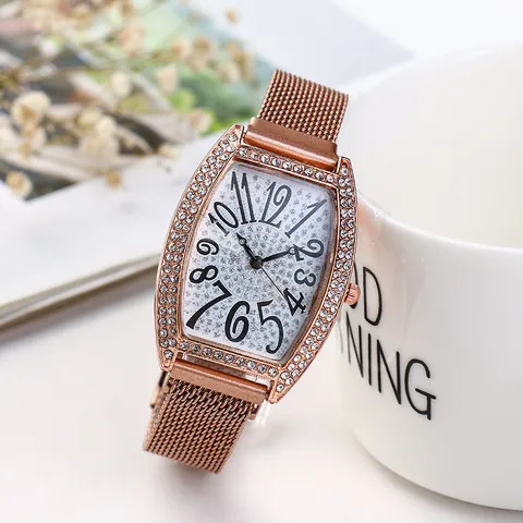 Luxe Dames Quartz Horloge Strass Ingelegd Tonneau Wijzerplaat Milanese Mesh Band Mode Casual Vrouw Polshorloge Sieraden Cadeau