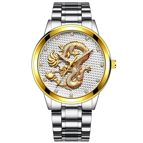 Luxe Heren Business Quartz Horloge Draak Reliëf Wijzerplaat Roestvrij Staal Legering Band Strass Accenten Chinese Stijl Polshorloge