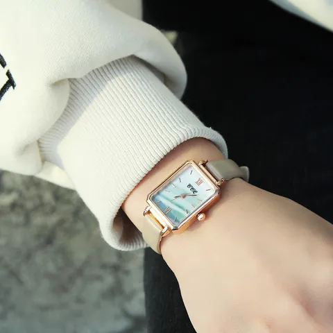 Dames Vintage Rechthoekig Quartz Horloge Roségoud Legering Kast Kunstlederen Band Marmer Sterren Wijzerplaat Analoog Mode Elegant Polshorloge