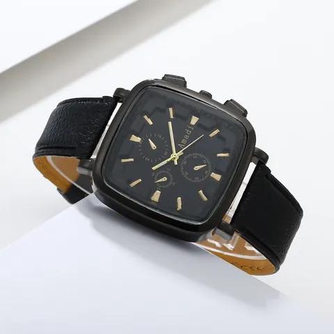 Amadi Fashion Square Large Dial Quartz Watch With Litchi Pattern Leather Strap Business Casual Wristwatch For Men Women