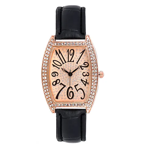 Women Fashion Tonneau Quartz Watch Elegant Rhinestone Inlaid Alloy Case Crocodile Pattern Faux Leather Strap Dress Wristwatch