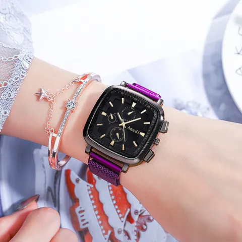 Elegant Women Square Quartz Watch Alloy Mesh Band Fashion Three-eye Dial Decorative Wristwatch And Star Charm Bracelet Accessories