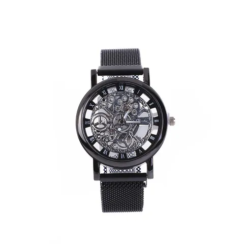 Men's Skeleton Quartz Watch With Magnetic Mesh Strap Roman Numerals Mechanical Look Alloy Case Fashion Wristwatch Gift