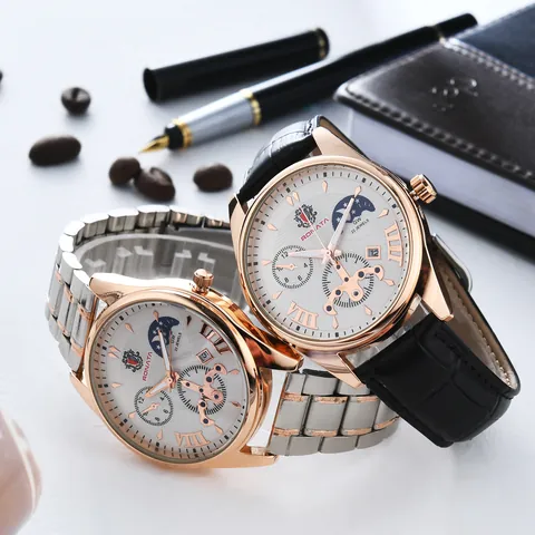 Men Automatic Mechanical Watch Moon Phase Calendar Skeleton Dial Business Luxury Leather Stainless Steel Wristwatch Gift