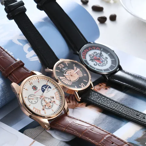 Mode Heren Casual Kwartshorloge Met Zwart Kunstlederen Band Ronde Legering Kast Ronde Wijzerplaat RONATA Schild Logo Polshorloge