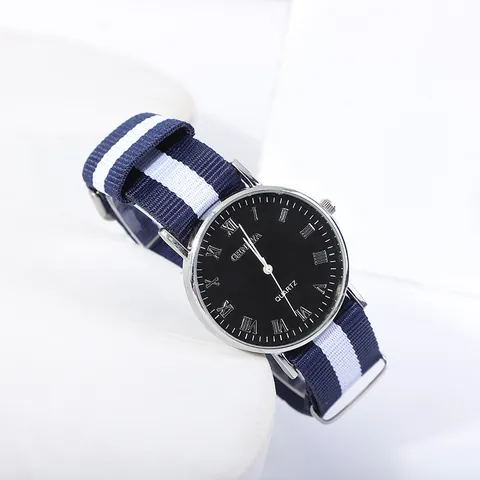 Fashion Casual Quartz Watch With Roman Numerals Dial Alloy Case Stripe Nylon NATO Strap Wrist Watch For Men Women Students