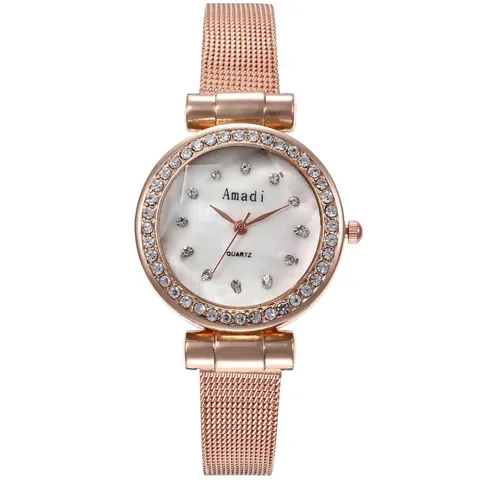 Lussuoso Orologio da Donna Oro Rosa con Ghiera in Strass Cinturino in Maglia di Lega Quarzo Numeri Romani Arabi Regalo