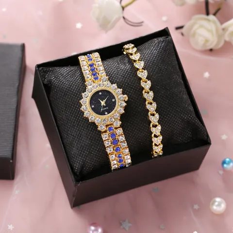 Luxe Damesmode Strass Horloge En Hart Armband Legering Quartz Horloge Sterrenhemel Wijzerplaat Voor Dagelijks Gebruik Feest Cadeau