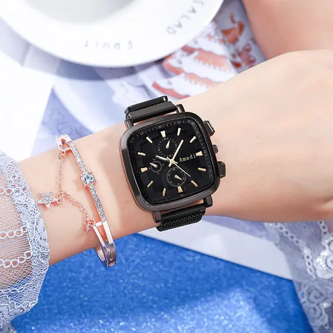 Elegant Women Square Quartz Watch Alloy Mesh Band Fashion Three-eye Dial Decorative Wristwatch And Star Charm Bracelet Accessories