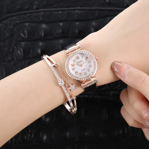 Elegant Women Quartz Watch Bracelet Set Diamond Cut Glass Rhinestone Alloy Case Faux Leather Strap Casual Ladies Wristwatch