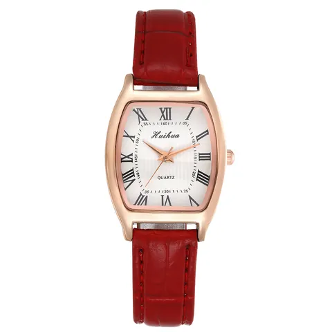 Fashion Women Tonneau Shaped Quartz Watch Rose Gold Case Roman Numerals White Dial Crocodile Pattern Leather Strap Wristwatch