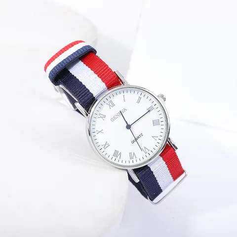 Fashion Casual Quartz Watch With Roman Numerals Dial Alloy Case Stripe Nylon NATO Strap Wrist Watch For Men Women Students