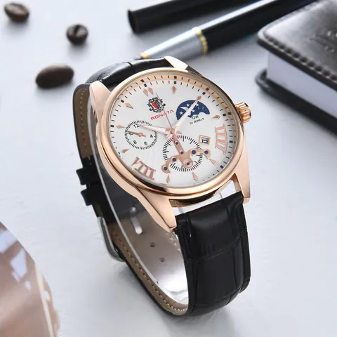 Men Automatic Mechanical Watch Moon Phase Calendar Skeleton Dial Business Luxury Leather Stainless Steel Wristwatch Gift