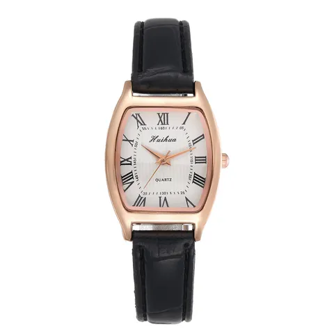Fashion Women Tonneau Shaped Quartz Watch Rose Gold Case Roman Numerals White Dial Crocodile Pattern Leather Strap Wristwatch