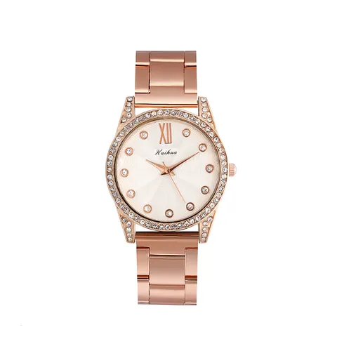 Fashion Women's Rhinestone Rose Gold Alloy Quartz Watch Ladies Casual Wristwatch Sunray Dial Roman Numerals Metal Strap Gift
